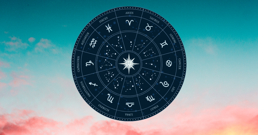 Aries zodiac sign horoscope for August 2026 featuring the Aries zodiac symbol against a colorful cosmic sky.