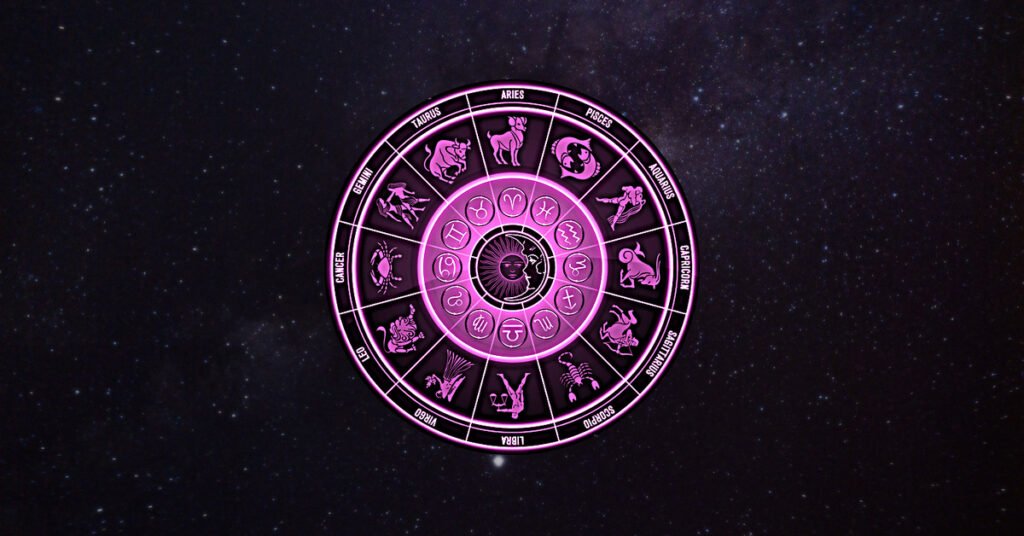 Glowing purple zodiac wheel with astrological symbols on a dark cosmic background