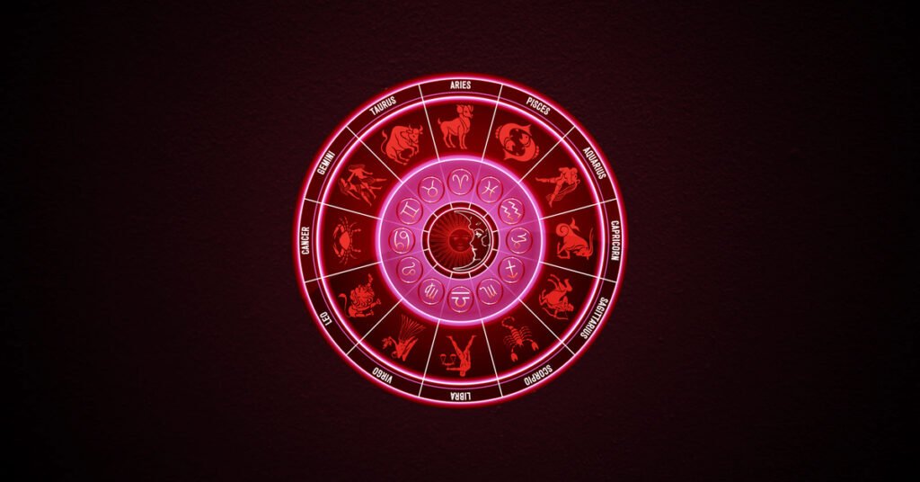 Glowing red zodiac wheel with astrological symbols on a dark cosmic background