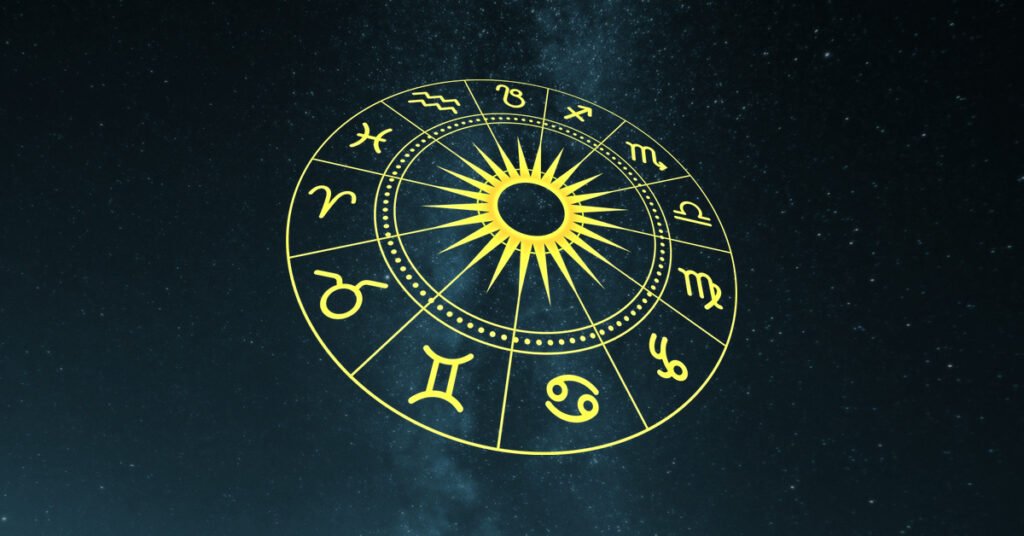 Glowing zodiac wheel with golden astrological symbols on a dark cosmic background