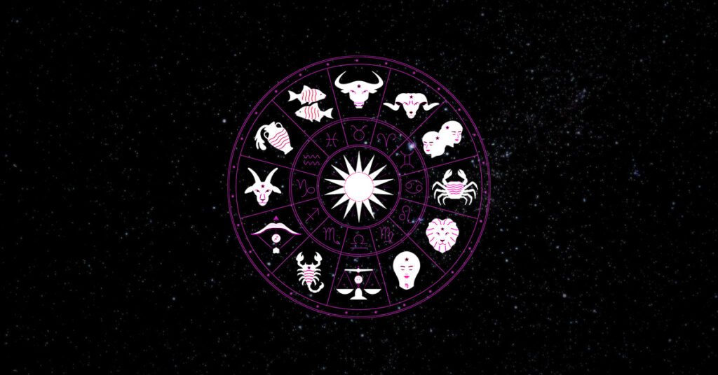 Zodiac wheel with glowing astrological symbols against a dark starry background