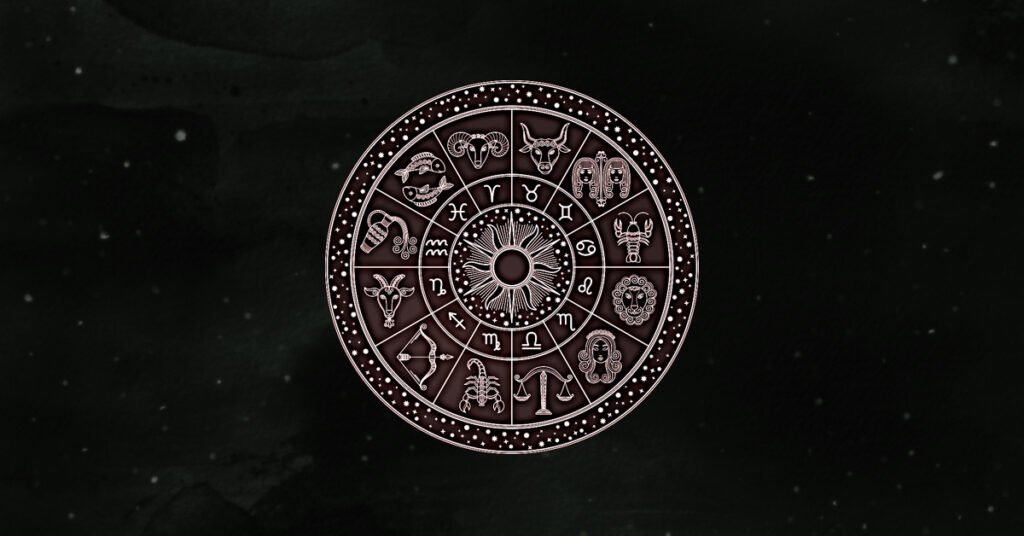 Glowing zodiac wheel with astrological symbols on a dark cosmic background
