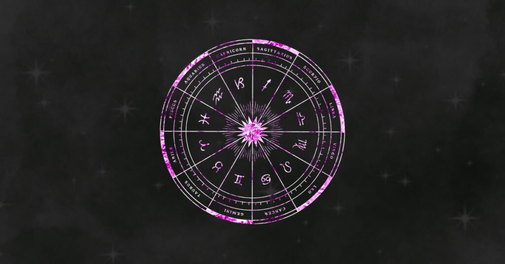 Purple zodiac wheel with glowing astrological symbols on a dark cosmic background