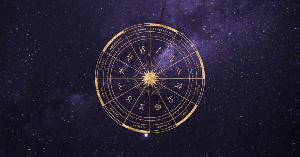 Glowing zodiac wheel against a dark cosmic background with stars