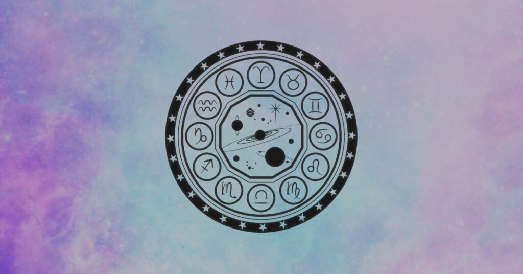 Mystical zodiac wheel with celestial symbols on a soft purple and blue cosmic background