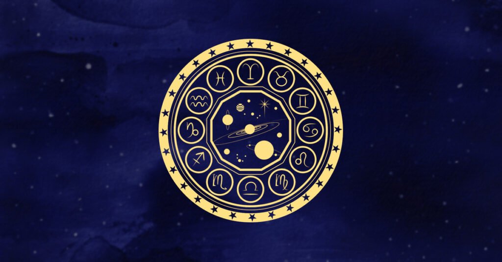 Golden zodiac wheel with astrological symbols on a dark blue cosmic background
