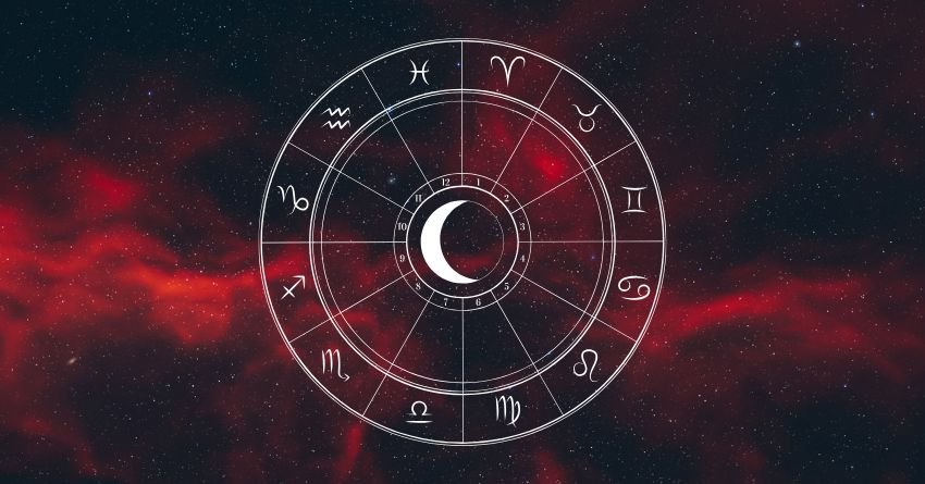 Red and black zodiac wheel with astrological symbols and a crescent moon on a cosmic background