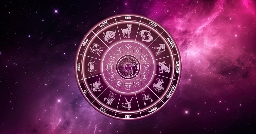 Glowing purple zodiac wheel with astrological symbols on a pink and violet cosmic background