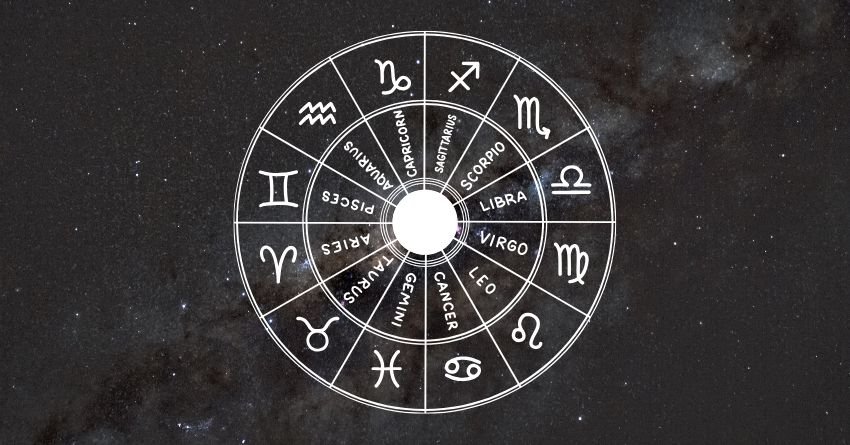 Glowing zodiac wheel with astrological symbols and a bright central light on a dark cosmic background