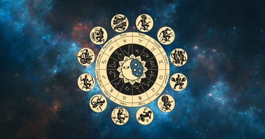 Golden zodiac wheel surrounded by astrological symbols on a blue cosmic background