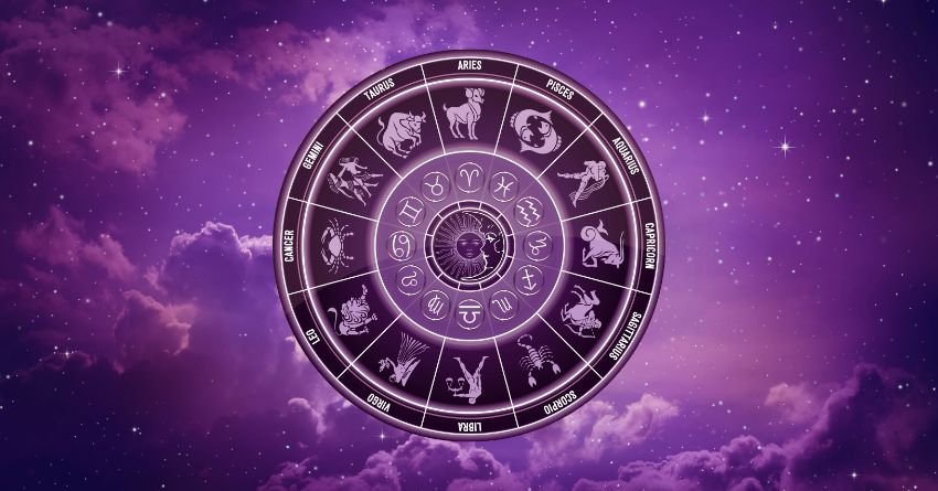 Zodiac wheel glowing against a purple cosmic sky with clouds and lightning