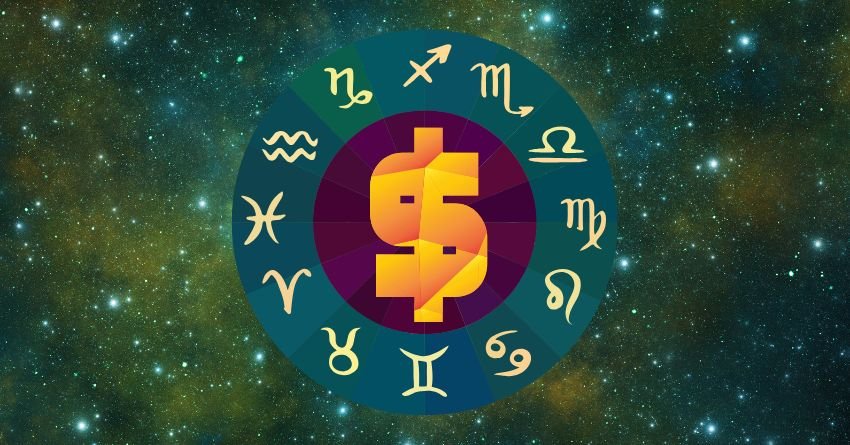 Zodiac wheel with astrological symbols surrounding a bright dollar sign on a colorful cosmic background