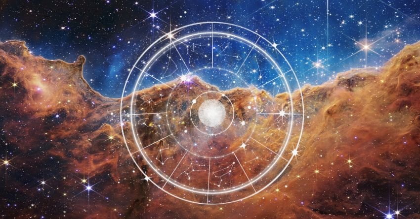 Glowing zodiac wheel surrounded by cosmic light and colorful nebula clouds