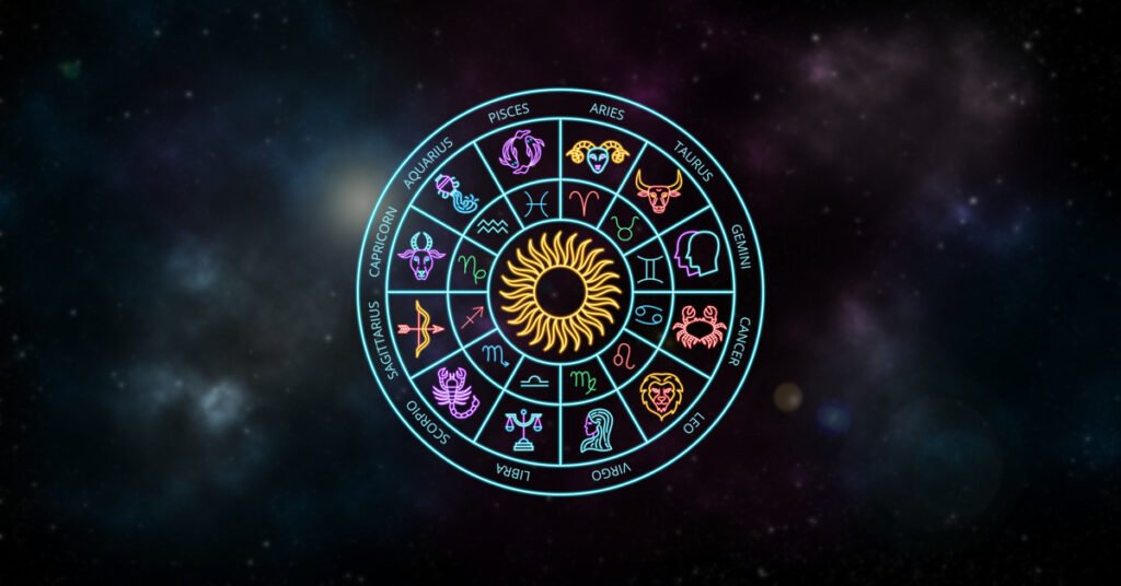 Colorful zodiac wheel with astrological symbols glowing against a dark cosmic background