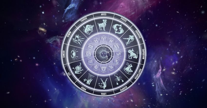 Zodiac wheel surrounded by stars and cosmic energy, representing astrology, angel numbers, and spiritual guidance