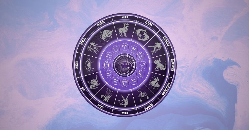Glowing purple zodiac wheel with astrological symbols surrounded by soft pastel clouds
