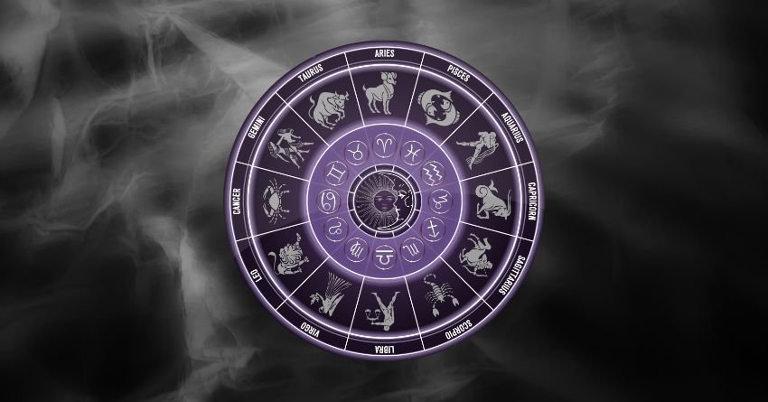 Glowing purple zodiac wheel with astrological symbols surrounded by smoky black and gray cosmic energy