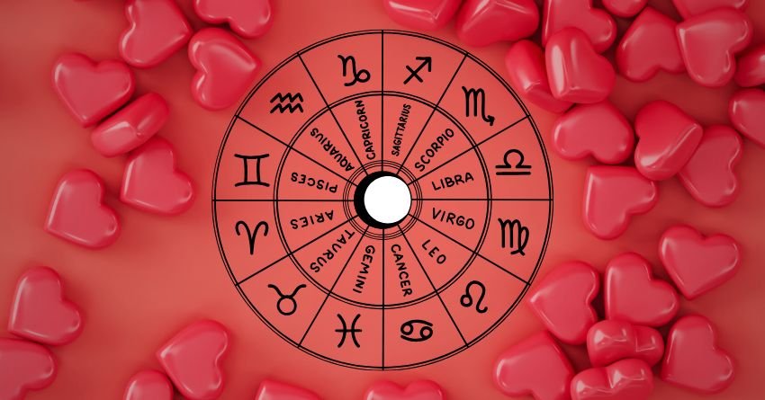 Weekly Love Horoscope for August 10–16 – zodiac wheel surrounded by red hearts, symbolizing love, romance, and hidden feelings.