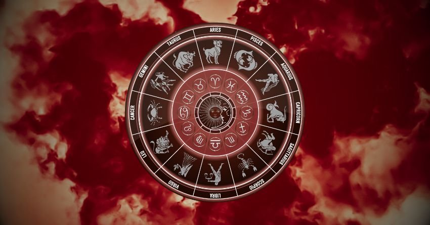 Zodiac wheel surrounded by red cosmic energy and stars