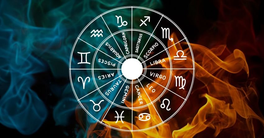 Glowing zodiac wheel split between blue and orange cosmic energy, representing intense astrological shifts