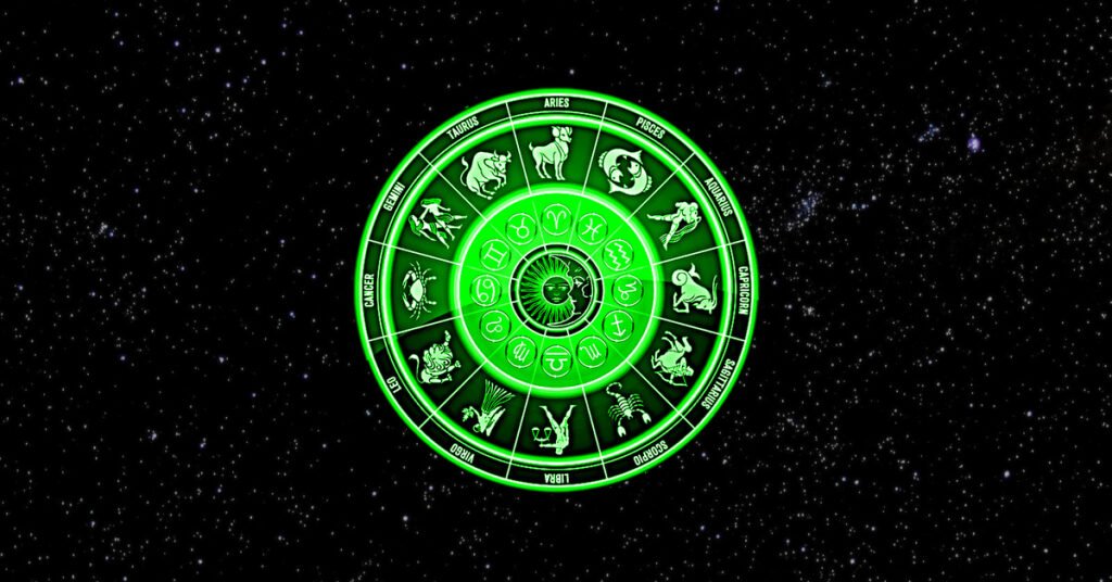 Glowing green zodiac wheel with astrological symbols on a dark starry background