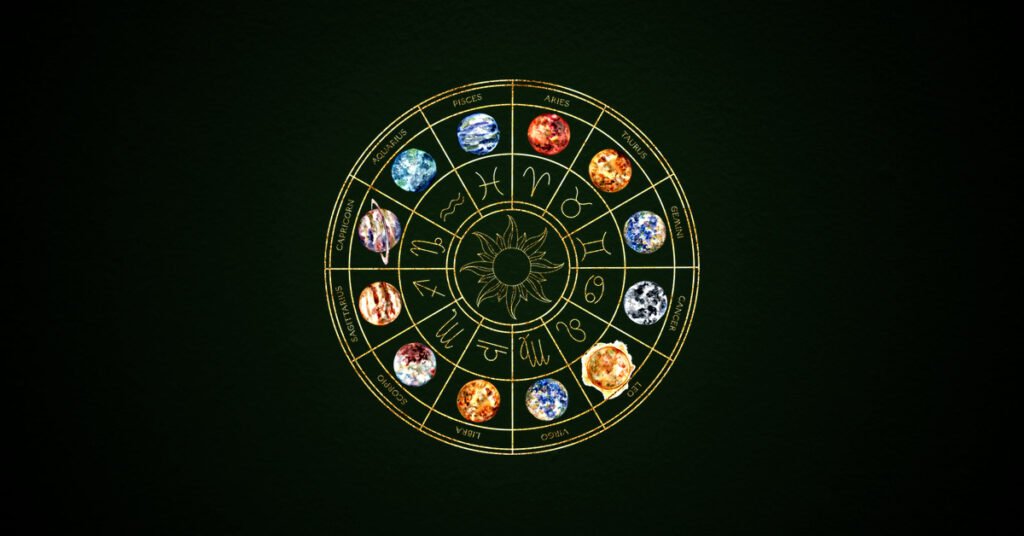 Glowing zodiac wheel with colorful astrological symbols on a dark green cosmic background