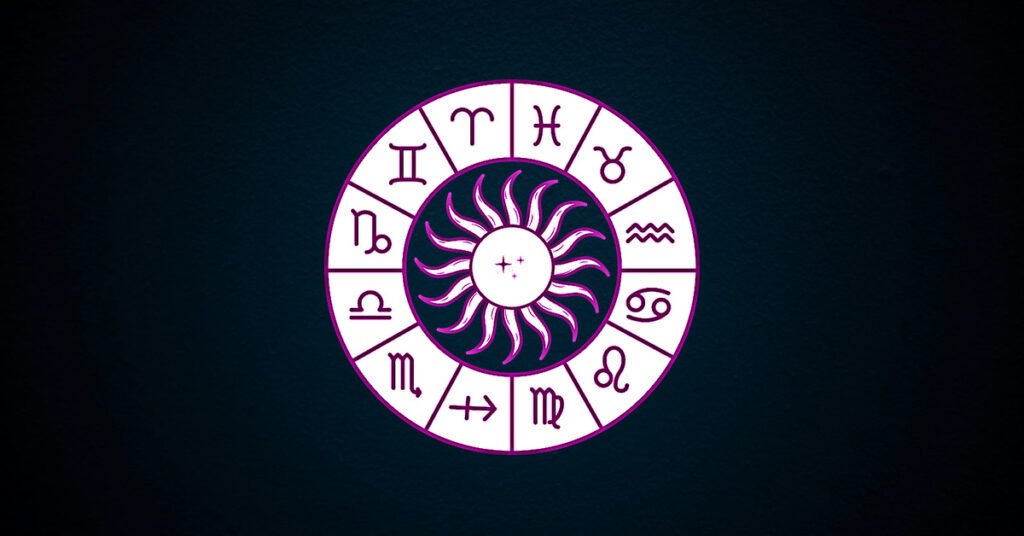 White and purple zodiac wheel glowing against a dark cosmic background
