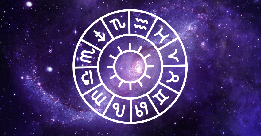 Aries zodiac symbol on a cosmic purple galaxy background