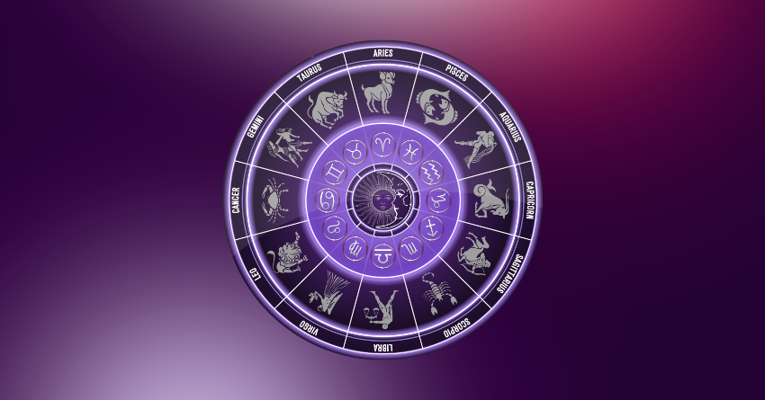 Purple zodiac wheel illustration representing the Daily Horoscope for August 5 with unexpected astrological predictions for Aries.